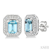 6X4 MM Octagon Shape Aquamarine and 1/50 Ctw Round Cut Diamond Semi-Precious Earrings in Sterling Silver