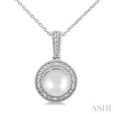 7MM Cultured Pearl and 1/50 Ctw Round Cut Diamond Halo Pendant With Chain in Sterling Silver