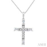 1/20 Ctw Baguette and Round Cut Diamond Cross Shape Fashion Pendant With Chain in 10K White Gold
