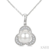 7 MM White Cultured Pearl and 1/20 Ctw Round Cut Diamond Fashion Pendant With Chain in 10K White Gold