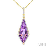 22X9 MM Kite Shape Amethyst and 1/4 Ctw Round Cut Diamond Semi-Precious Pendant With Chain in 14K Yellow Gold