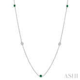 2.25 MM Emerald and 1/4 Ctw Round Cut Diamond Precious Station Necklace in 14K White Gold