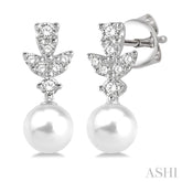 8 MM Cultured Pearls and 1/4 Ctw Round Cut Diamond Earrings in 14K White Gold