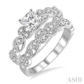 1/2 Ctw Diamond Wedding Set with 1/2 Ctw Princess Cut Engagement Ring and 1/10 Ctw Wedding Band in 14K White Gold