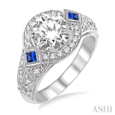 2.3 MM Princess Cut Sapphire and 1/3 Ctw Round Cut Diamond Semi-Mount Engagement Ring in 14K White Gold