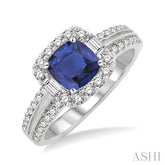 6x6 MM Cushion Cut Sapphire and 5/8 Ctw Round Cut Diamond Precious Ring in 14K White Gold
