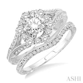 1 1/10 Ctw Diamond Wedding Set with 1 Ctw Round Cut Engagement Ring and 1/10 Ctw Wedding Band in 14K White Gold