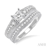 7/8 Ctw Diamond Wedding Set with 5/8 Ctw Princess Cut Engagement Ring and 1/5 Ctw Wedding Band in 14K White Gold