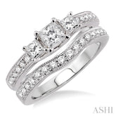 1 ctw Diamond Wedding Set with 3/4 ctw Princess Cut Engagement Ring and 1/5 ctw Wedding Band in 14K White Gold