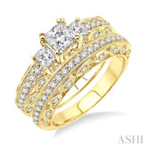 1 5/8 Ctw Diamond Wedding Set with 1 1/4 Ctw Princess Cut Engagement Ring and 3/8 Ctw Wedding Band in 14K Yellow Gold