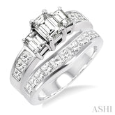2 1/2 Ctw Diamond Wedding Set with 1 1/2 Ctw Emerald and Princess Cut Engagement Ring and 1 Ctw Wedding Band in 14K White Gold