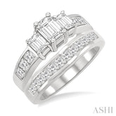 2 1/2 Ctw Diamond Wedding Set with 1 1/2 Ctw Emerald and Princess Cut Engagement Ring and 1 Ctw Wedding Band in 14K White Gold