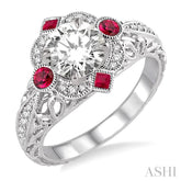2x2 MM Princess Cut Ruby, 2.5 MM Round Cut Ruby and 1/6 Ctw Round Cut Diamond Semi-Mount Engagement Ring in 14K White Gold