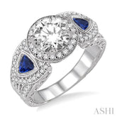 4x4 MM Trillion Cut Sapphire and 1/2 Ctw Round Cut Diamond Semi-Mount Engagement Ring in 14K White Gold