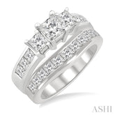 2 1/2 Ctw Diamond Wedding Set with 1 1/2 Ctw Princess Cut Engagement Ring and 1 Ctw Wedding Band in 14K White Gold