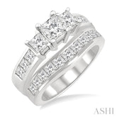 3 Ctw Diamond Wedding Set with 2 Ctw Princess Cut Engagement Ring and 1 Ctw Wedding Band in 14K White Gold