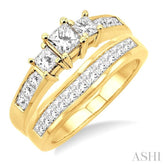 1 1/2 Ctw Diamond Wedding Set with 1 Ctw Princess Cut Engagement Ring and 1/2 Ctw Wedding Band in 14K Yellow Gold