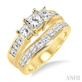 2 1/2 Ctw Diamond Wedding Set with 1 1/2 Ctw Princess Cut Engagement Ring and 1 Ctw Wedding Band in 14K Yellow Gold