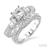 2 Ctw Diamond Wedding Set with 1 1/2 Ctw Princess Cut Engagement Ring and 3/8 Ctw Wedding Band in 14K White Gold