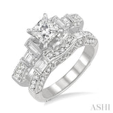 2 Ctw Diamond Wedding Set with 1 1/2 Ctw Princess Cut Engagement Ring and 3/8 Ctw Wedding Band in 14K White Gold