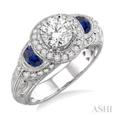 5x3 MM Half-moon Sapphire and 1/2 Ctw Round Cut Diamond Semi-Mount Engagement Ring in 14K White Gold