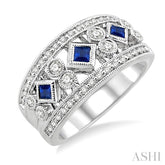 2.2 MM & 2.4 MM Princess Cut Sapphire and 3/8 Ctw Round Cut Diamond Precious Fashion Band in 14K White Gold