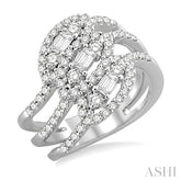 1 1/2 Ctw Round and Baguette Cut Diamond Fashion Ring in 18K White Gold