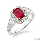 6x4 MM Emerald Shape Ruby and 1/4 Ctw Round and Baguette Cut Diamond Ring in 14K White Gold