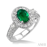 8x6 MM Oval Cut Emerald and 7/8 Ctw Round Cut Diamond Precious Ring in 14K White Gold