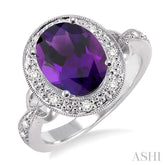 10x8 MM Oval Cut Amethyst and 1/6 Ctw Round Cut Diamond Semi-Precious Ring in 14K White Gold