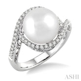 11 MM Cultured Pearl and 1/3 Ctw Round Cut Diamond Ring in 14K White Gold