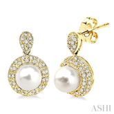 6 MM Cultured Pearl and 1/3 Ctw Round Cut Diamond Earrings in 14K Yellow Gold