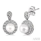 6 MM Cultured Pearls and 1/3 Ctw Single Cut Diamond Earrings in 10K White Gold