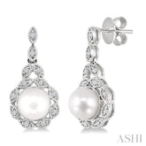 6X6 MM Round Shape Cultured Pearl and 1/8 Ctw Cutwork Marquise Round Cut Diamond Fashion Earring in 14K White Gold