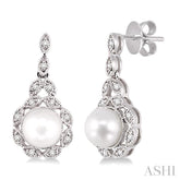 6X6 MM Round Shape Cultured Pearl and 1/8 Ctw Cutwork Marquise Round Cut Diamond Fashion Earring in 14K White Gold