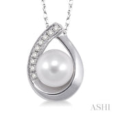 6.5 MM Round Shape Cultured Pearl and 1/20 Ctw Round Cut Diamond Pendant in 14K White Gold with Chain