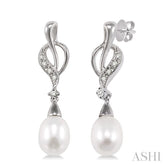 8x6 MM Drop Shape Cultured Pearls and 1/10 Ctw Round Cut Diamond Drop Earrings in 14K White Gold