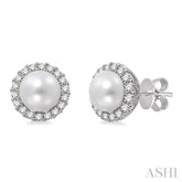 8 MM Cultured Pearls and 1/3 Ctw Round Cut Diamond Earrings in 14K White Gold