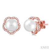 7 MM Cultured Pearls and 1/5 Ctw Single Cut Diamond Earrings in 14K Rose Gold