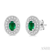 5x3 MM Oval Cut Emerald and 1/4 Ctw Round Cut Diamond Earrings in 14K White Gold