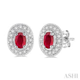 5x3 MM Oval Cut Ruby and 1/4 Ctw Round Cut Diamond Earrings in 14K White Gold