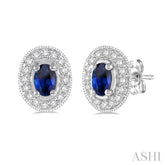 5x3 MM Oval Cut Sapphire and 1/4 Ctw Round Cut Diamond Earrings in 14K White Gold