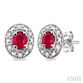 4x3 MM Oval Shaped Ruby and 1/10 Ctw Round Cut Diamond Earrings in 14K White Gold