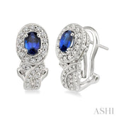 6x4 MM Oval Cut Sapphire and 1 Ctw Round Cut Diamond Precious Earrings in 14K White Gold