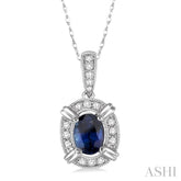 6x4 MM Oval Cut Sapphire and 1/10 Ctw Round Cut Diamond Pendant in 10K White Gold with Chain