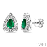 5x3 MM Pear Shape Emerald and 1/6 Ctw Round Cut Diamond Earrings in 10K White Gold