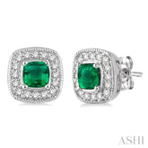 4x4 MM Cushion Shape Emerald and 1/5 Ctw Round Cut Diamond Earrings in 14K White Gold