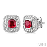 4x4 MM Cushion Shape Ruby and 1/5 Ctw Round Cut Diamond Earrings in 14K White Gold