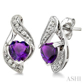 6 MM Heart Shape Amethyst and 1/20 Ctw Single Cut Diamond Semi-Precious Earrings in 10K White Gold
