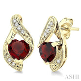 6x6 MM Heart Shape Garnet and 1/20 Ctw Single Cut Diamond Semi-Precious Earrings in 10K Yellow Gold